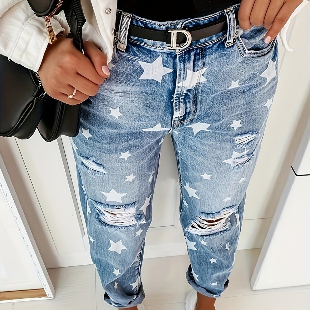 Star Print Distressed High Waist Boyfriend Jeans